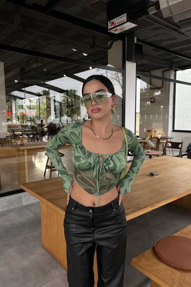 Yeşil Tül Detay Bağlamalı Crop Top