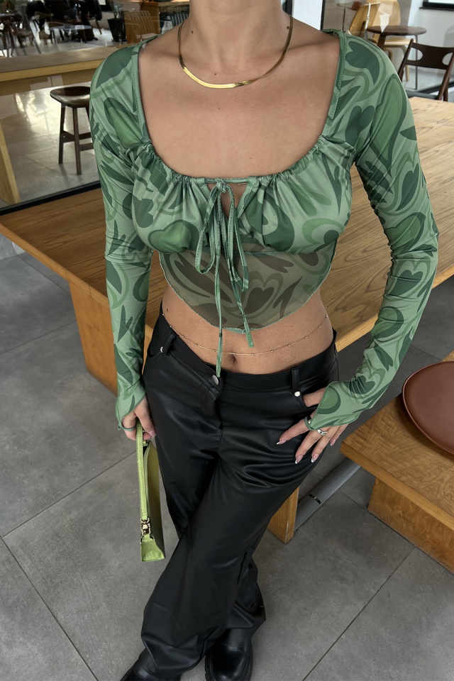 Yeşil Tül Detay Bağlamalı Crop Top
