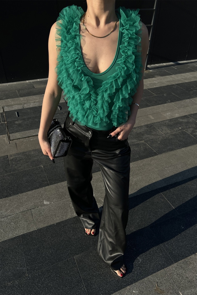 Yeşil Tül Detay Bodysuit ATE4694 - 2