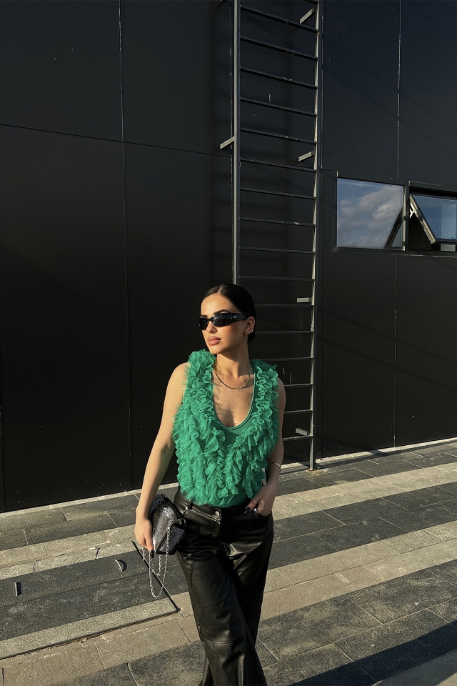 Yeşil Tül Detay Bodysuit ATE4694 - 3