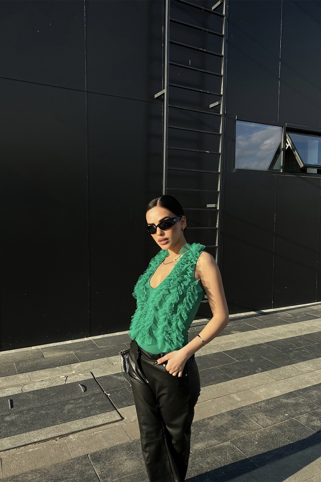 Yeşil Tül Detay Bodysuit ATE4694 - 4