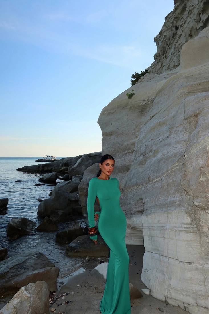 Yeşil Doss Uzun Sırtı Açık Elbise ATE-1615 - EYYO