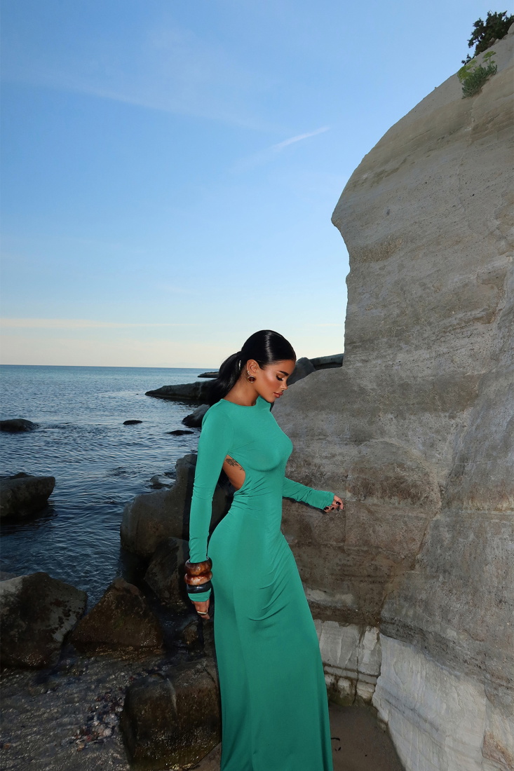 Yeşil Doss Uzun Sırtı Açık Elbise ATE-1615 - EYYO