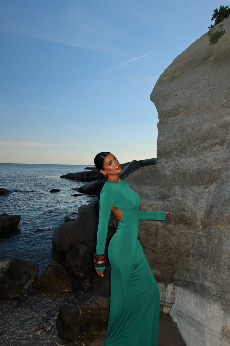 Yeşil Doss Uzun Sırtı Açık Elbise ATE-1615 - EYYO