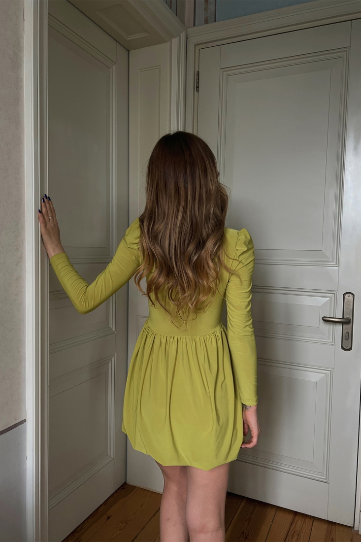 Yeşil Uzun Kol Mini Elbise ATE3559 - EYYO