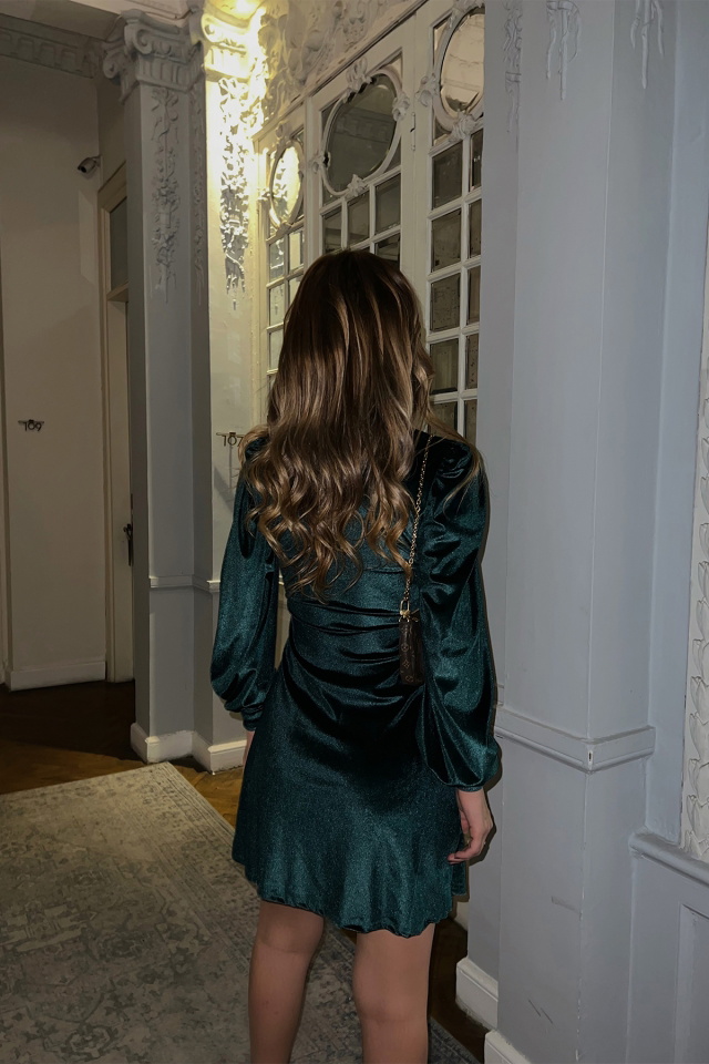 Yeşil V Yaka Mini Elbise ATE3035 - 4