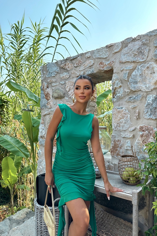 Yeşil Yanları Büzgülü Mini Elbise ATE8027 - 4