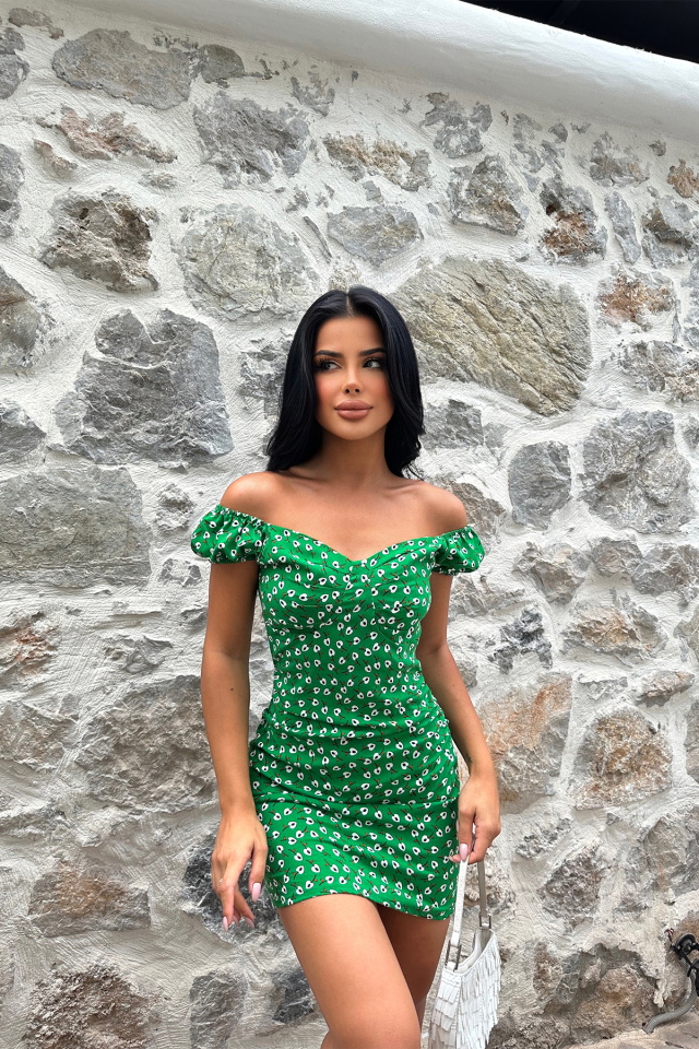 Yeşil Çiçek Desen Elbise ATE8226 - 3