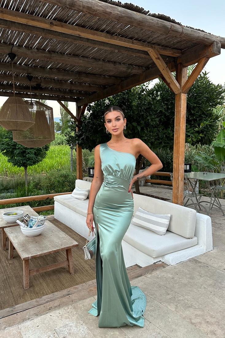 Yeşil Yırtmaç Detay Saten Elbise ATEL2443 - EYYO