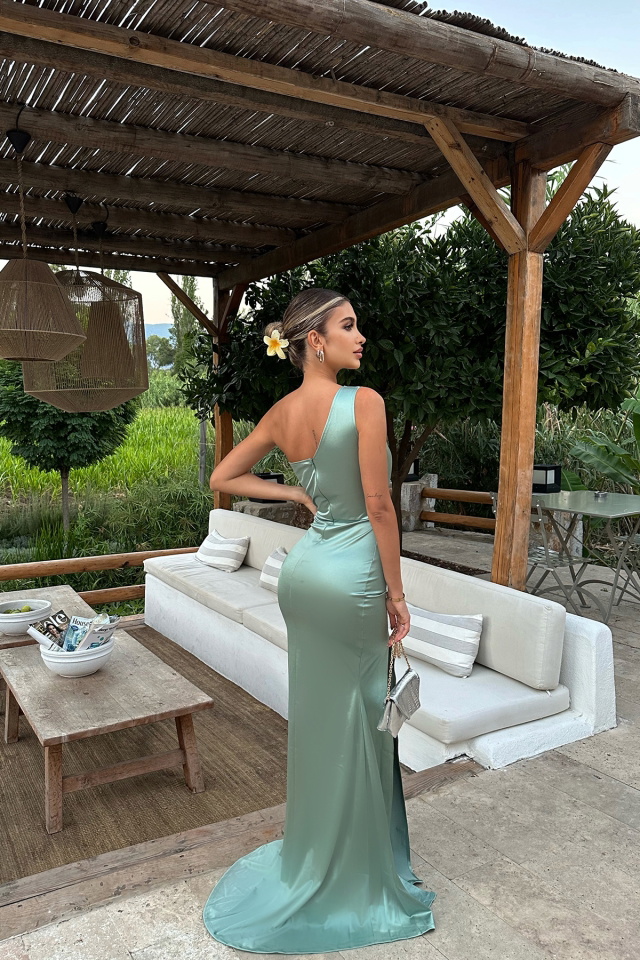 Yeşil Yırtmaç Detay Saten Elbise ATEL2443 - 5