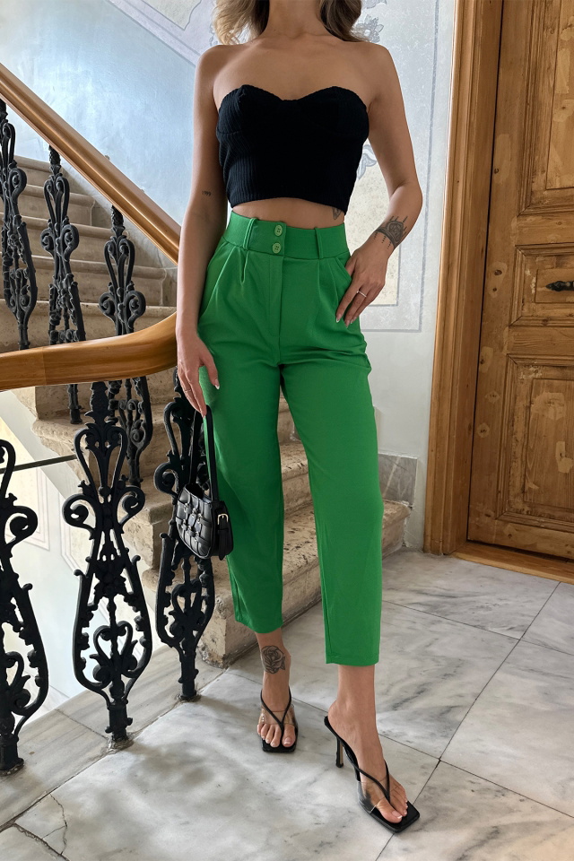 Yeşil Yüksek Bel Mom Pantolon