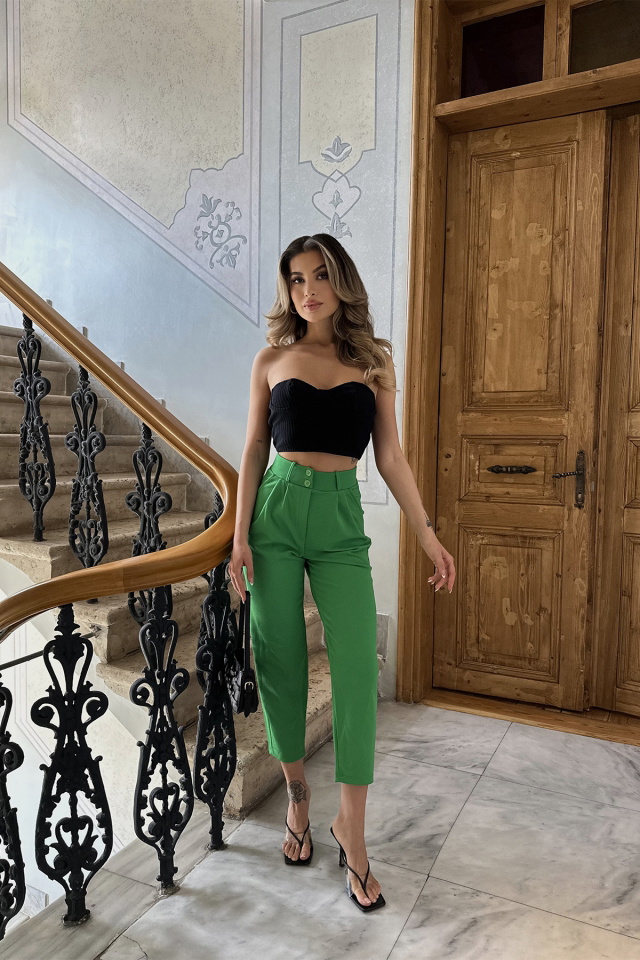 Yeşil Yüksek Bel Mom Pantolon