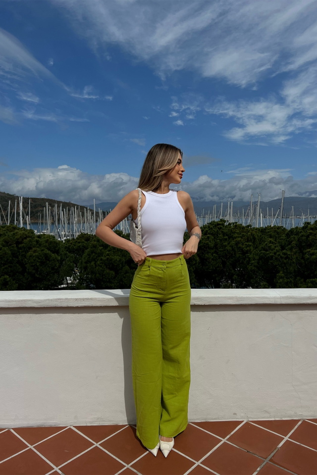 Yeşil Yüksek Bel Palazzo Pantolon ATE3891