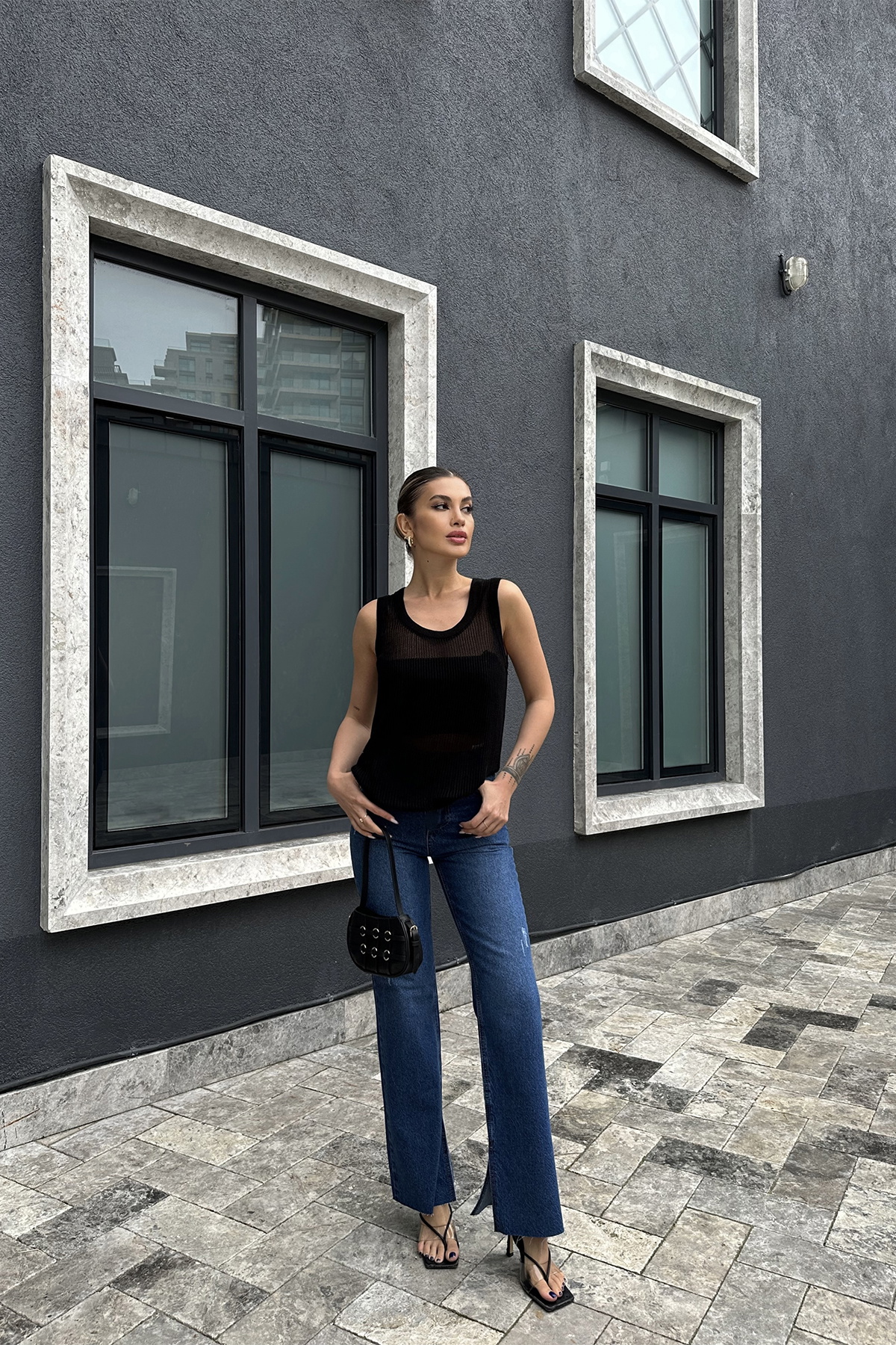 Yüksek Bel Yırtmaç Detay Pantolon - 1