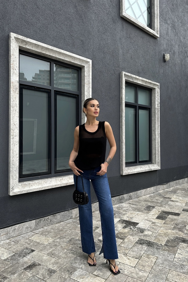 Yüksek Bel Yırtmaç Detay Pantolon -