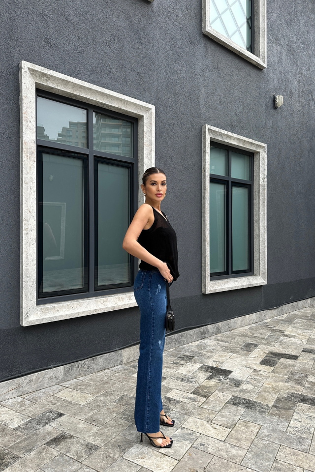Yüksek Bel Yırtmaç Detay Pantolon